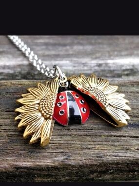 New sunflower ladybug locket necklace Gold  Or Silver